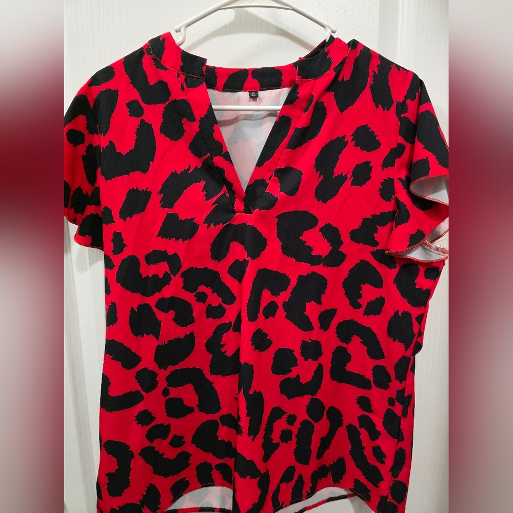 Red and Black Animal Print Blouse